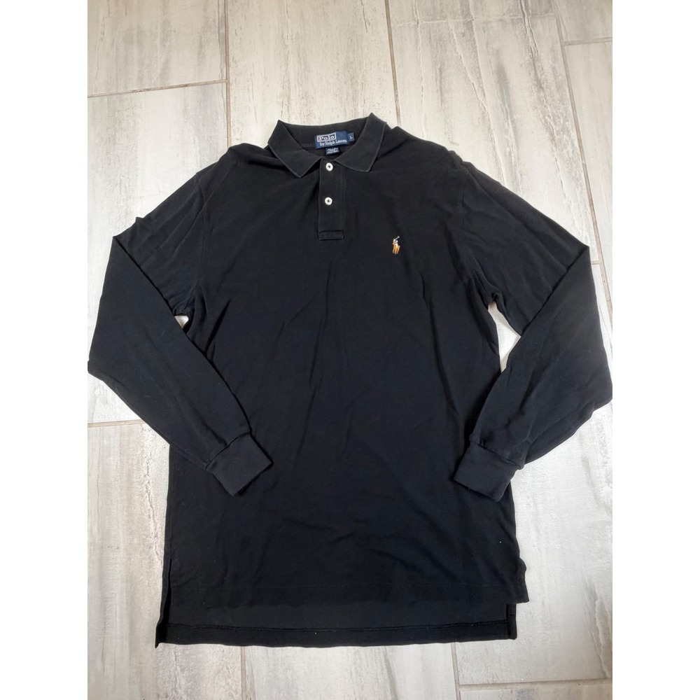 Polo Ralph Lauren Mens Long Sleeve Polo Shirt Black Pima Cotton Large Pony Logo
